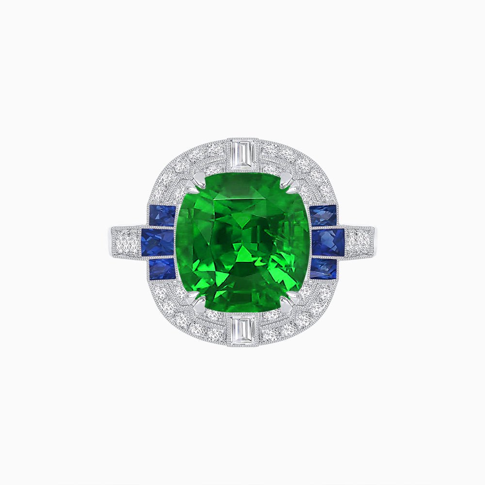 Art Deco Style Cushion Cut Ring Mounting with Diamond Halo and colored Side Gemstones - Shahin Jewelry