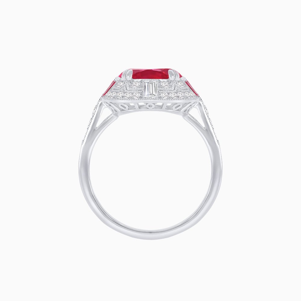 Art Deco Style Cushion Cut Ring Mounting with Diamond Halo and colored Side Gemstones - Shahin Jewelry