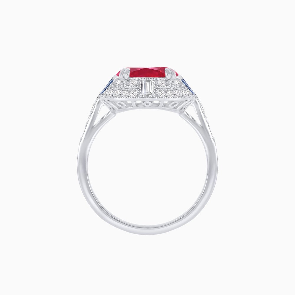 Art Deco Style Cushion Cut Ring Mounting with Diamond Halo and colored Side Gemstones - Shahin Jewelry