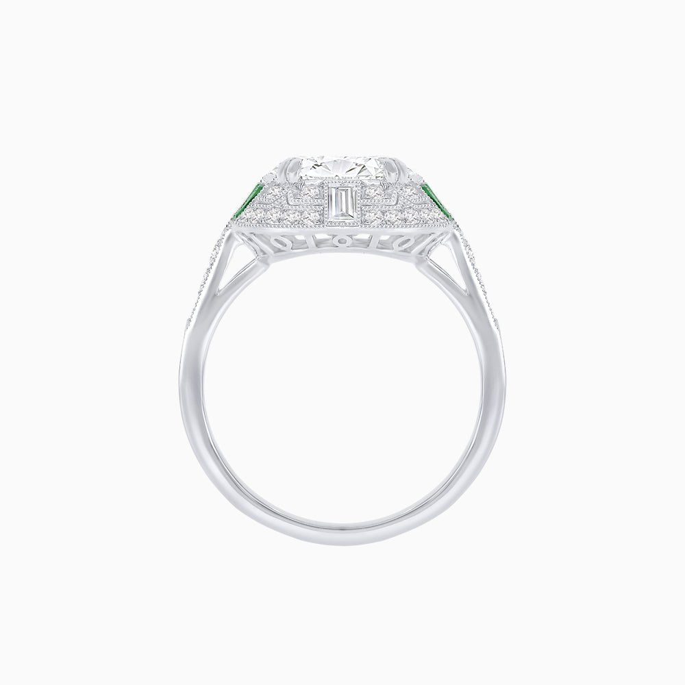 Art Deco Style Cushion Cut Ring Mounting with Diamond Halo and colored Side Gemstones - Shahin Jewelry