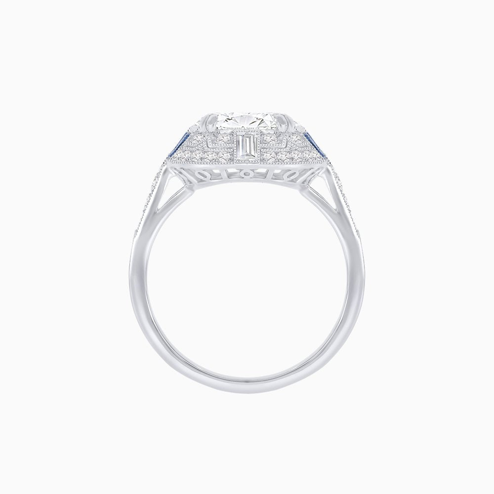 Art Deco Style Cushion Cut Ring Mounting with Diamond Halo and colored Side Gemstones - Shahin Jewelry
