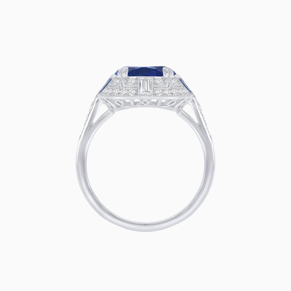 Art Deco Style Cushion Cut Ring Mounting with Diamond Halo and colored Side Gemstones - Shahin Jewelry