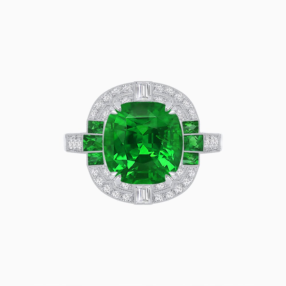 Art Deco Style Cushion Cut Ring Mounting with Diamond Halo and colored Side Gemstones - Shahin Jewelry
