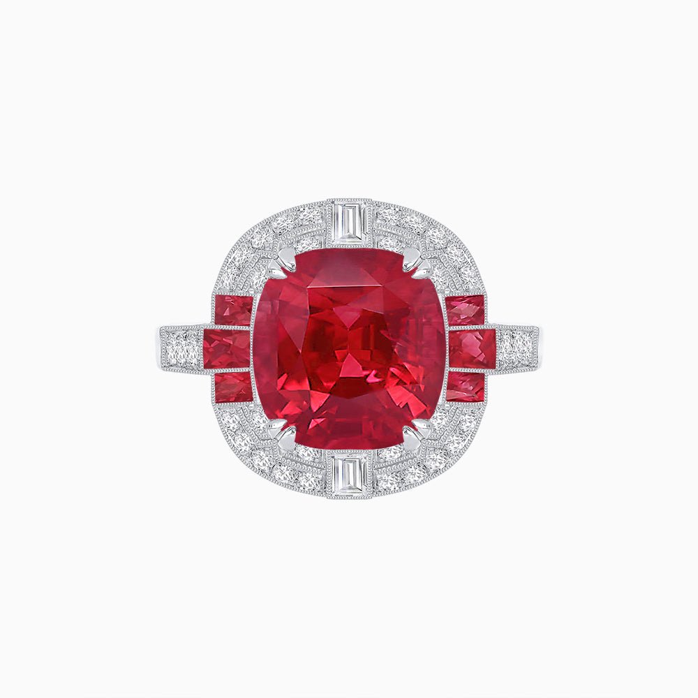 Art Deco Style Cushion Cut Ring Mounting with Diamond Halo and colored Side Gemstones - Shahin Jewelry