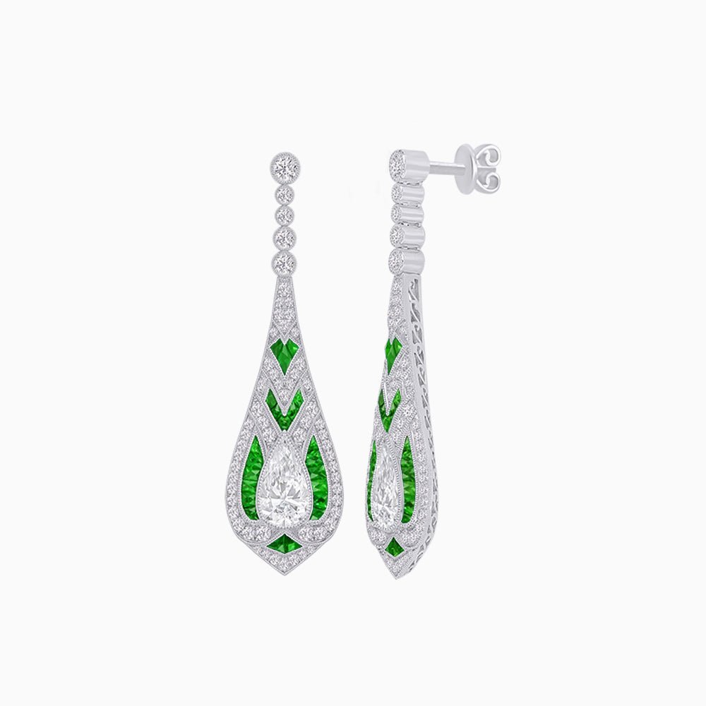 Art Deco Style Diamond and Sapphire Pear Shaped Drop Earrings - Shahin Jewelry