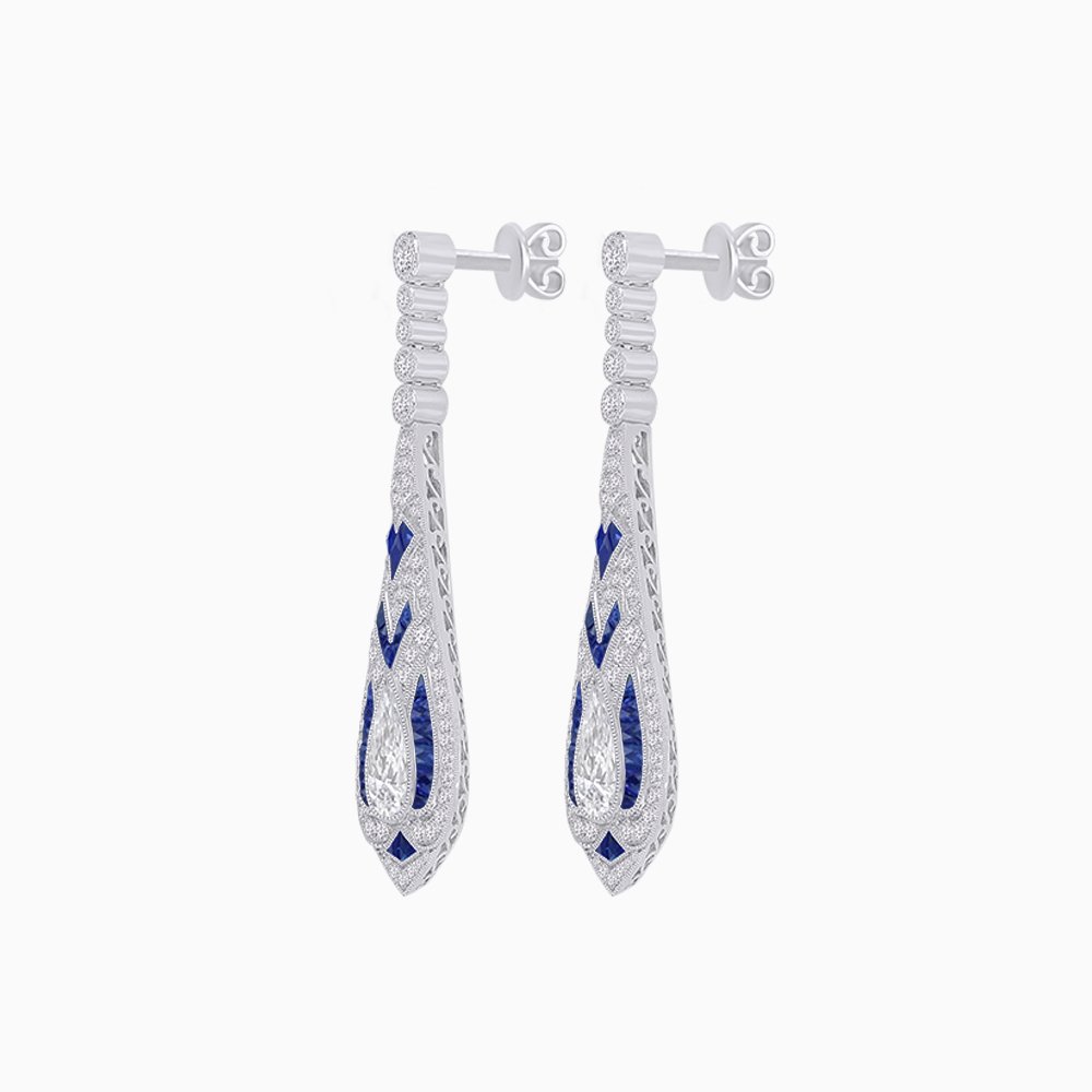 Art Deco Style Diamond and Sapphire Pear Shaped Drop Earrings - Shahin Jewelry