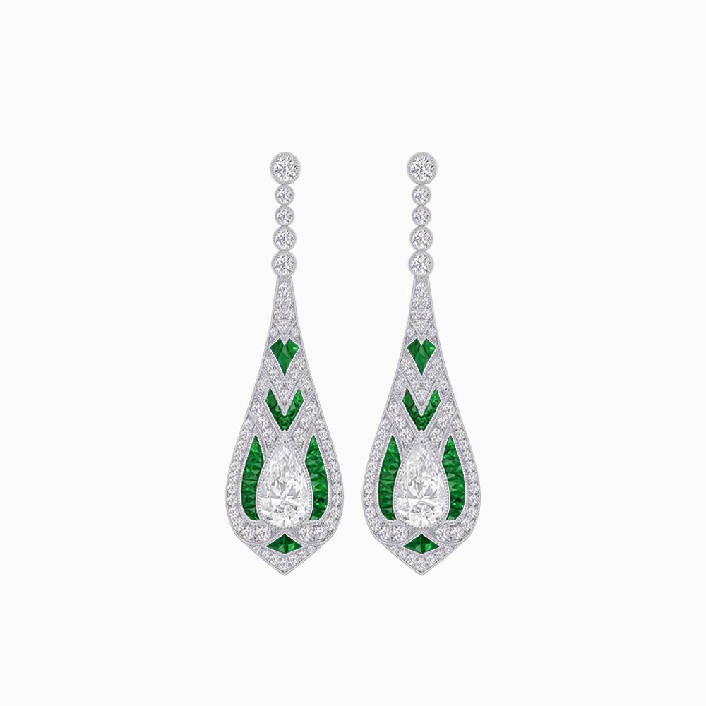 Art Deco Style Diamond and Sapphire Pear Shaped Drop Earrings - Shahin Jewelry