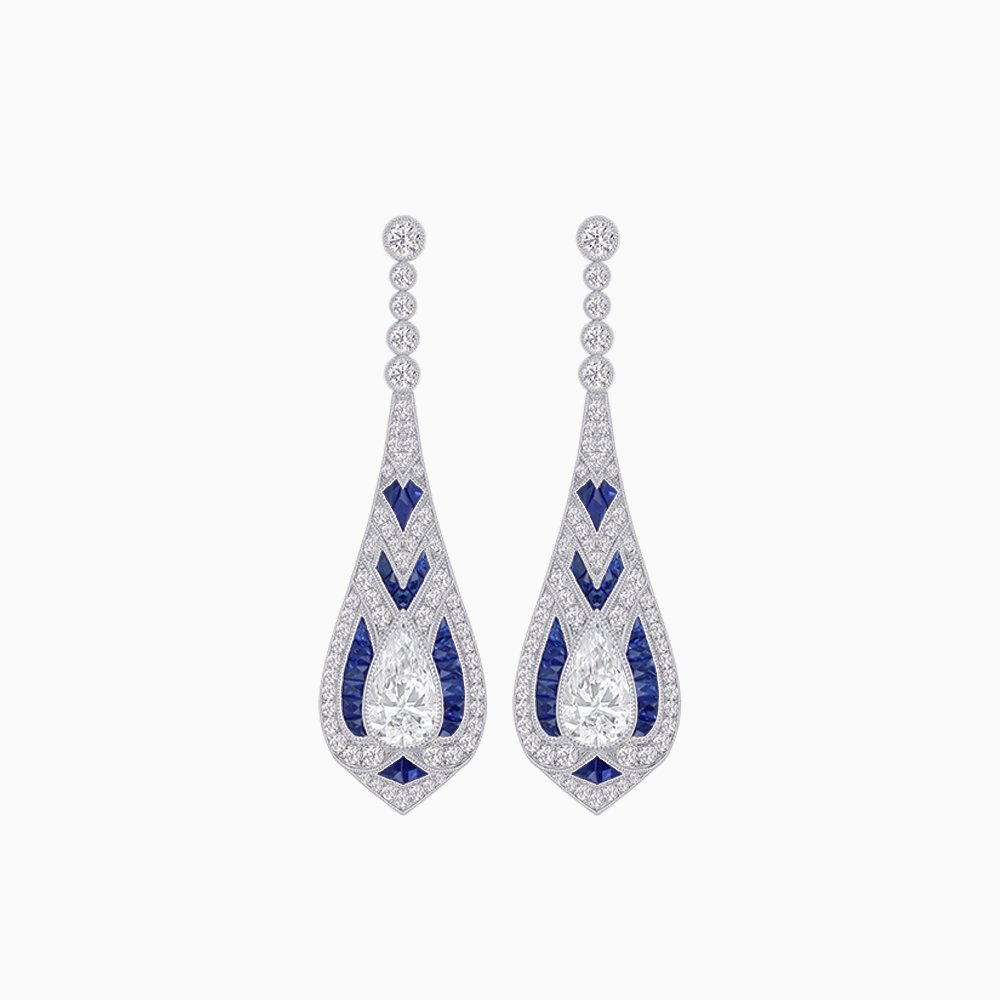 Art Deco Style Diamond and Sapphire Pear Shaped Drop Earrings - Shahin Jewelry