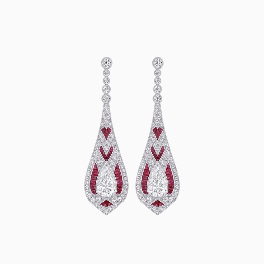 Art Deco Style Diamond and Sapphire Pear Shaped Drop Earrings - Shahin Jewelry