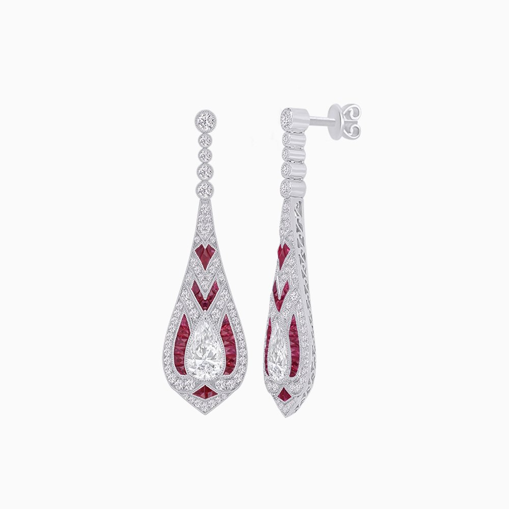 Art Deco Style Diamond and Sapphire Pear Shaped Drop Earrings - Shahin Jewelry