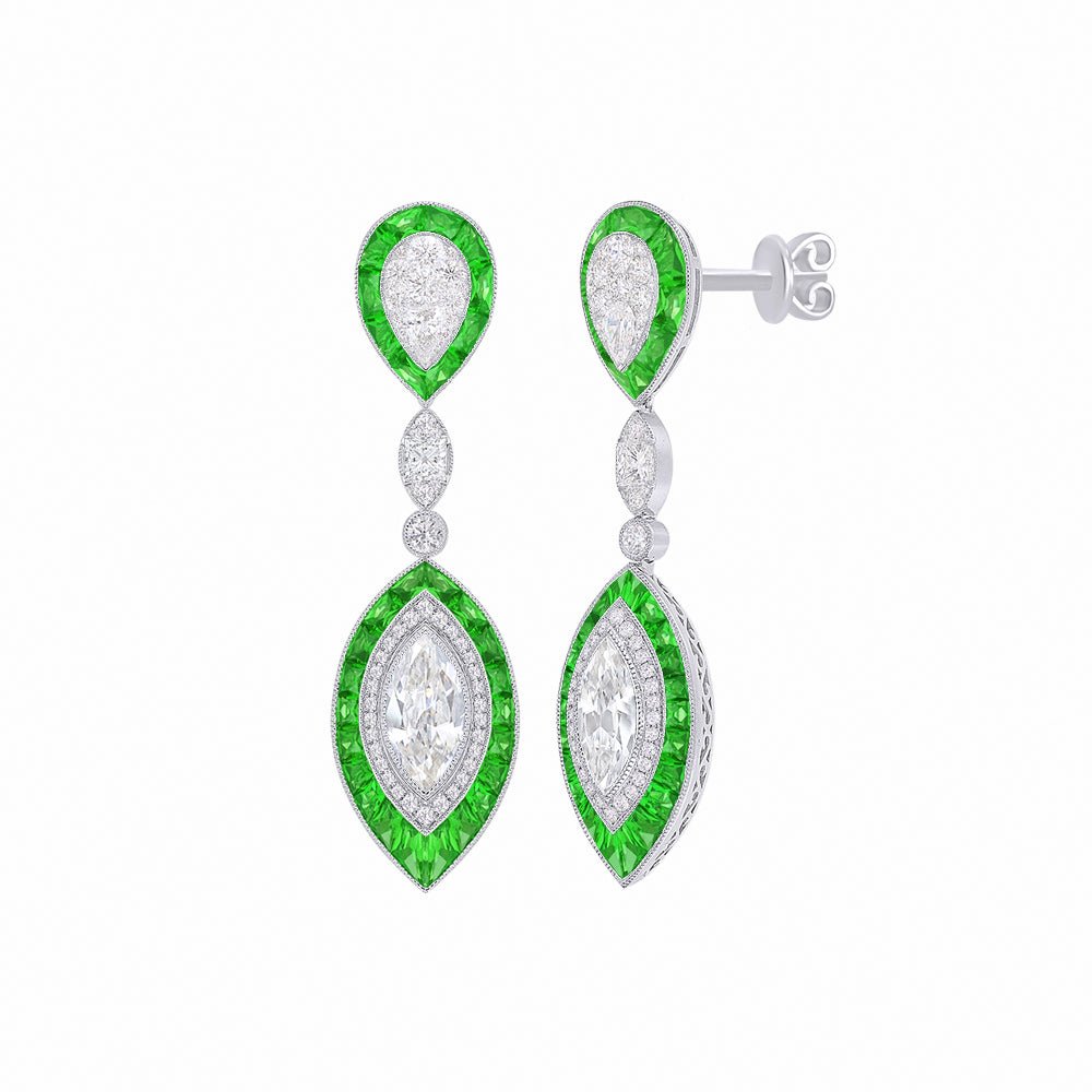 Art deco Style Double Drop Marquise Earrings with Diamond - Shahin Jewelry