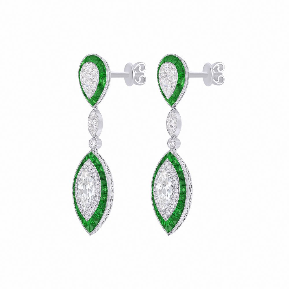 Art deco Style Double Drop Marquise Earrings with Diamond - Shahin Jewelry