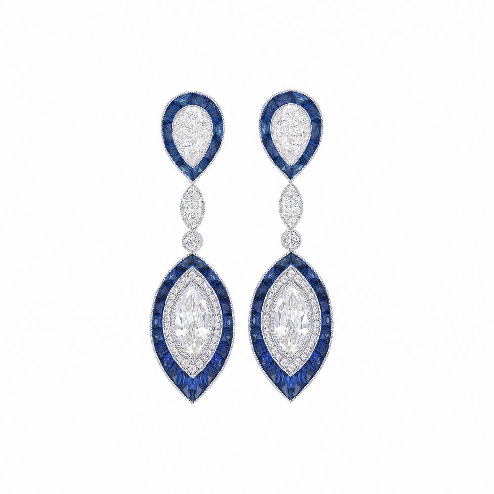 Art deco Style Double Drop Marquise Earrings with Diamond - Shahin Jewelry