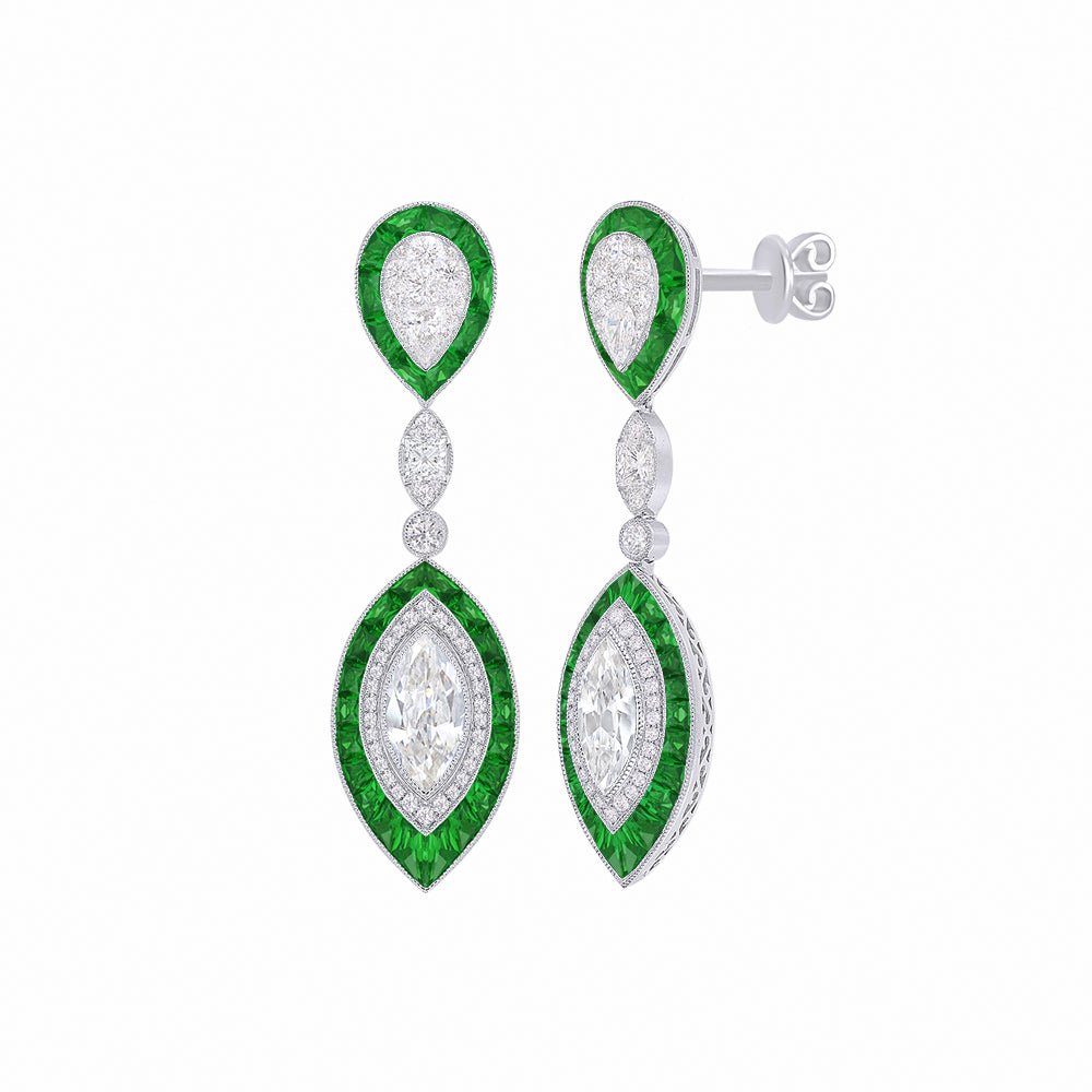 Art deco Style Double Drop Marquise Earrings with Diamond - Shahin Jewelry