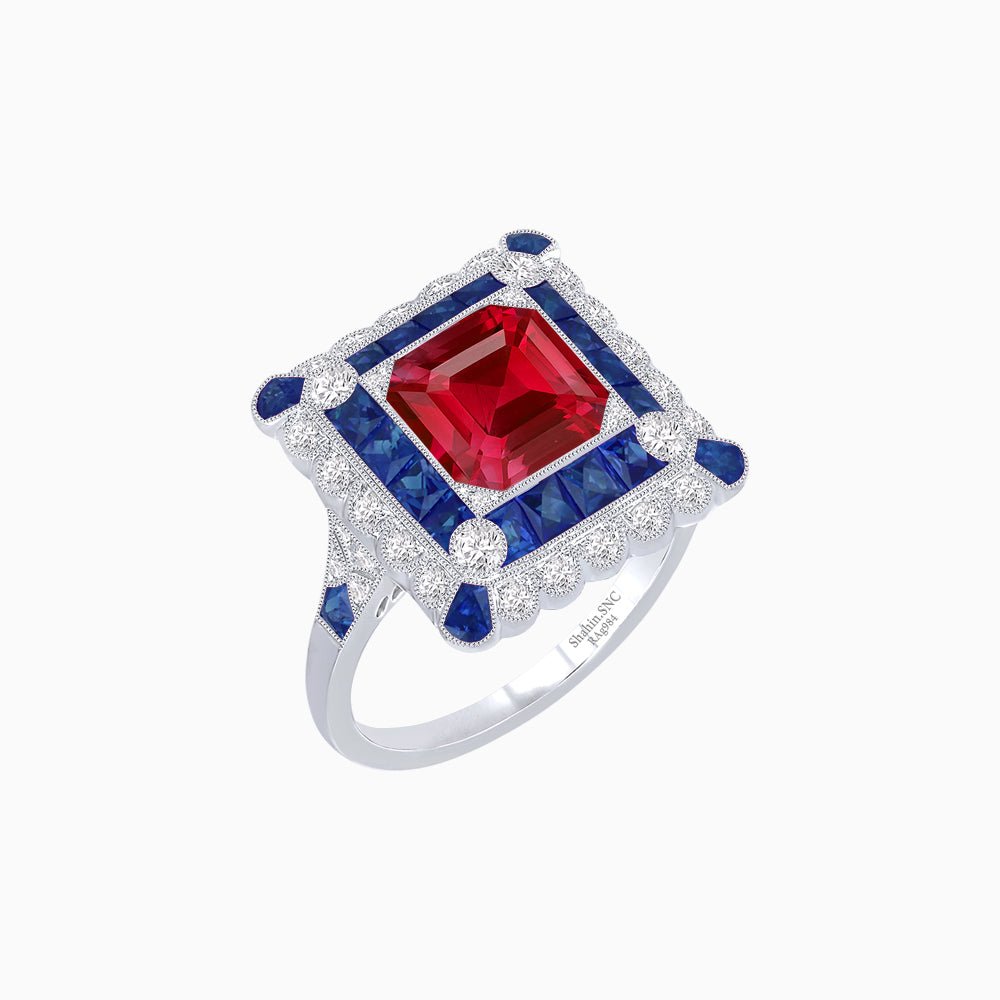 Art Deco Style Double Halo Asscher Cut Ring with Customizable French-Cut Gemstone (Mounting) - Shahin Jewelry