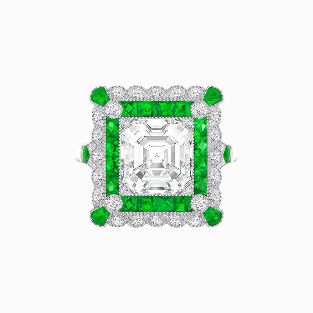 Art Deco Style Double Halo Asscher Cut Ring with Customizable French - Cut Gemstone (Mounting) - Shahin Jewelry
