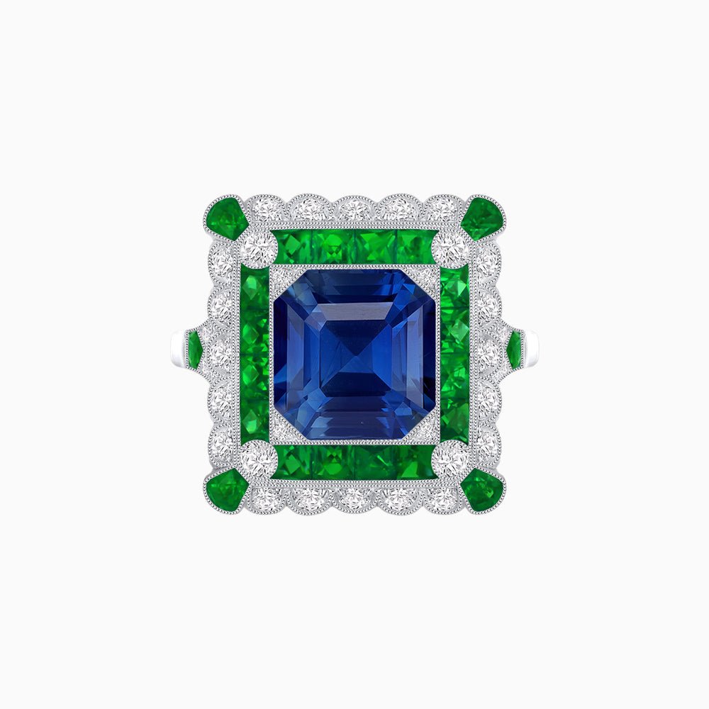 Art Deco Style Double Halo Asscher Cut Ring with Customizable French-Cut Gemstone (Mounting) - Shahin Jewelry