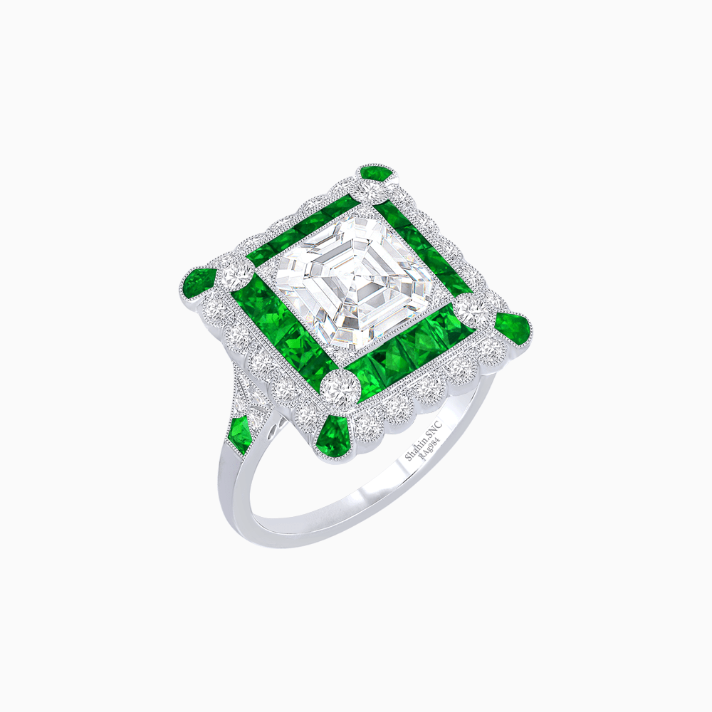 Art Deco Style Double Halo Asscher Cut Ring with Customizable French - Cut Gemstone (Mounting) - Shahin Jewelry