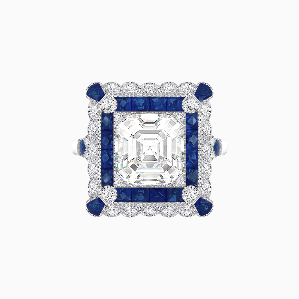 Art Deco Style Double Halo Asscher Cut Ring with Customizable French - Cut Gemstone (Mounting) - Shahin Jewelry