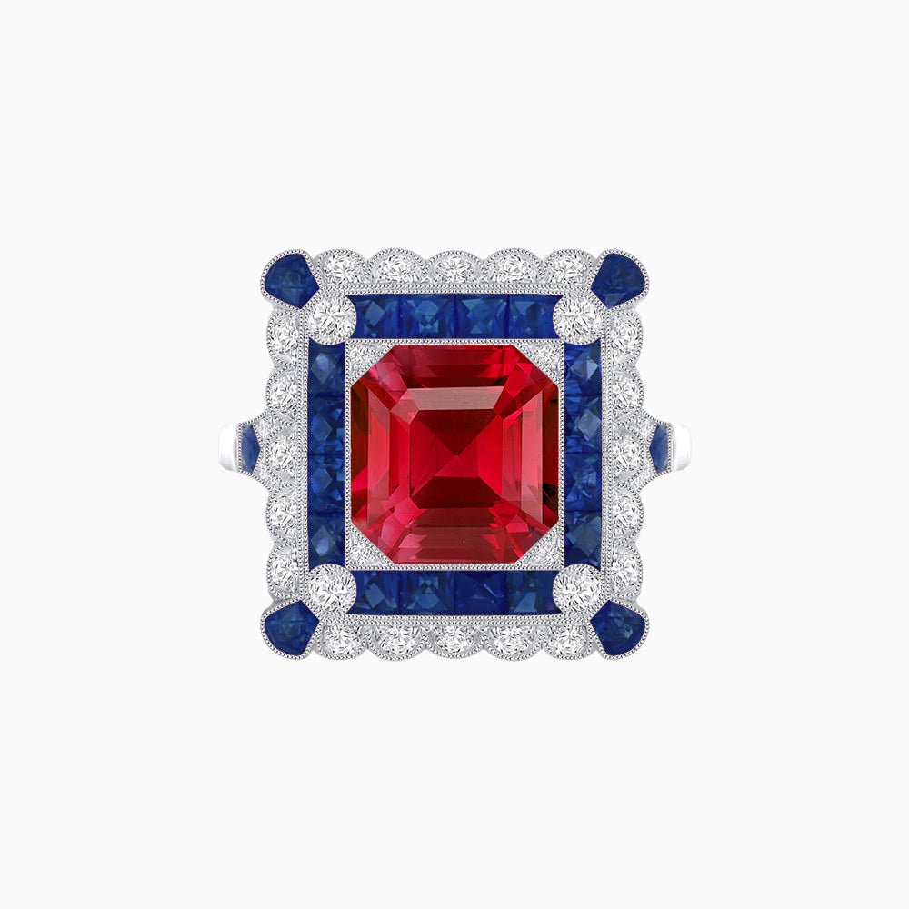 Art Deco Style Double Halo Asscher Cut Ring with Customizable French-Cut Gemstone (Mounting) - Shahin Jewelry