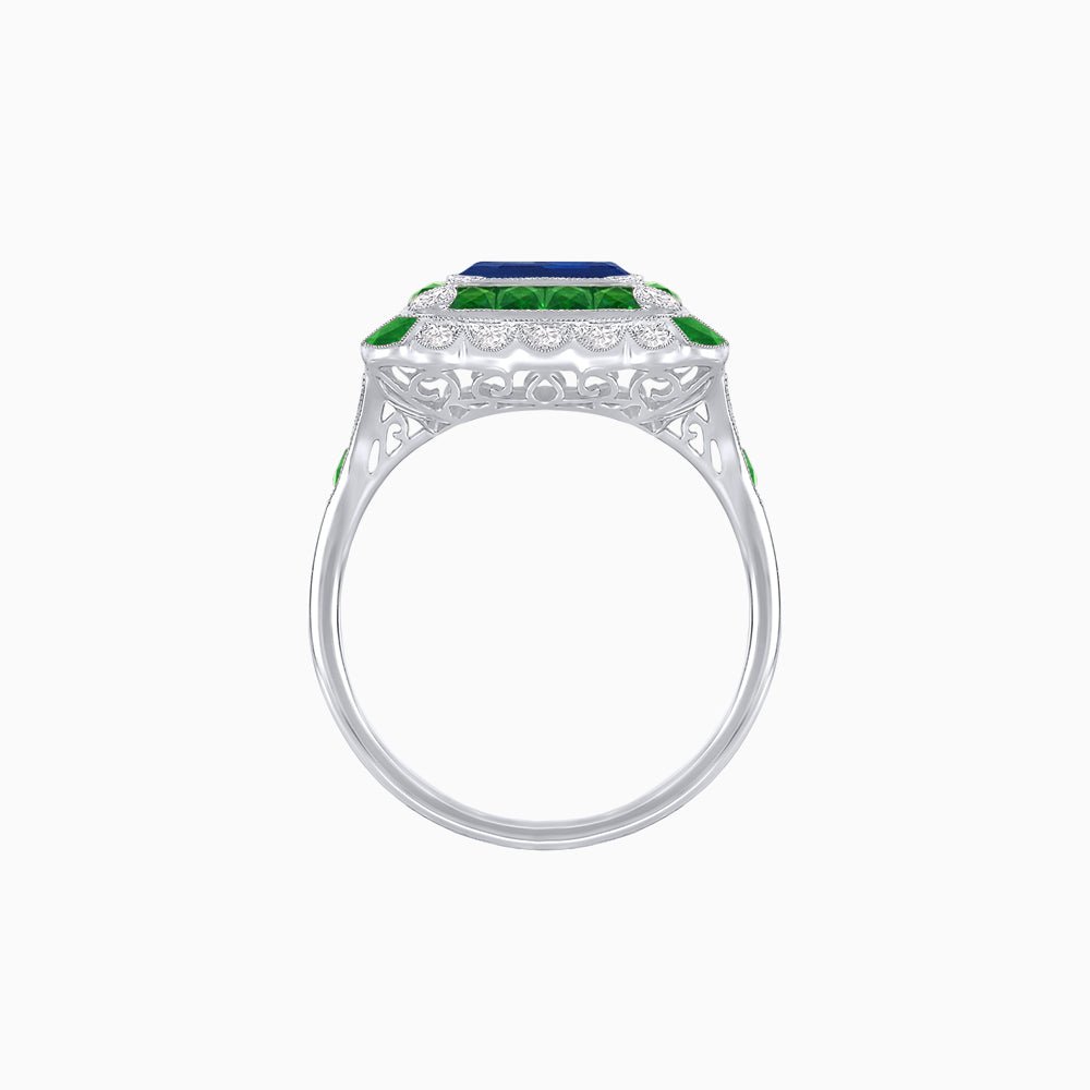 Art Deco Style Double Halo Asscher Cut Ring with Customizable French-Cut Gemstone (Mounting) - Shahin Jewelry