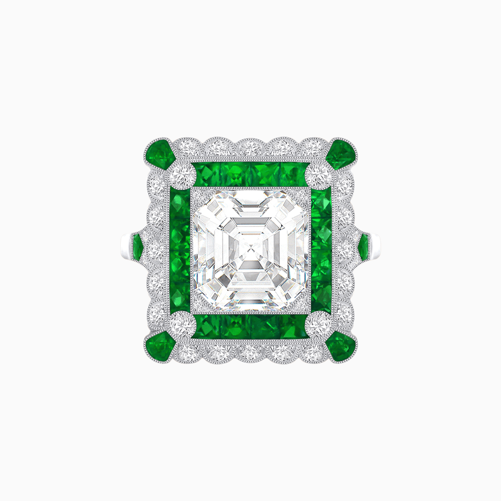 Art Deco Style Double Halo Asscher Cut Ring with Customizable French - Cut Gemstone (Mounting) - Shahin Jewelry