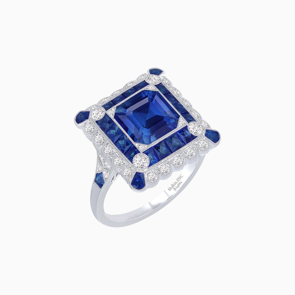 Art Deco Style Double Halo Asscher Cut Ring with Customizable French-Cut Gemstone (Mounting) - Shahin Jewelry