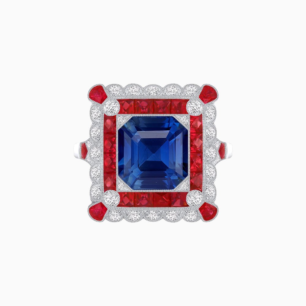 Art Deco Style Double Halo Asscher Cut Ring with Customizable French-Cut Gemstone (Mounting) - Shahin Jewelry