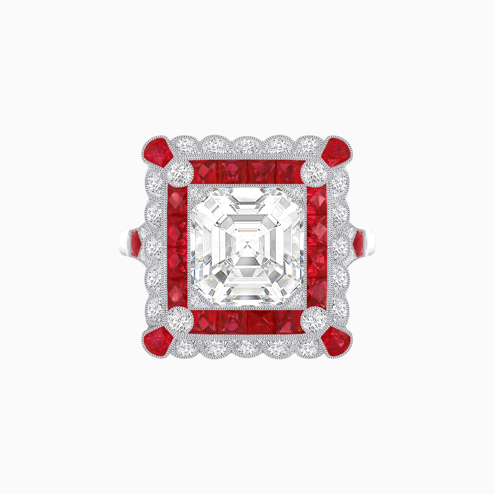 Art Deco Style Double Halo Asscher Cut Ring with Customizable French - Cut Gemstone (Mounting) - Shahin Jewelry