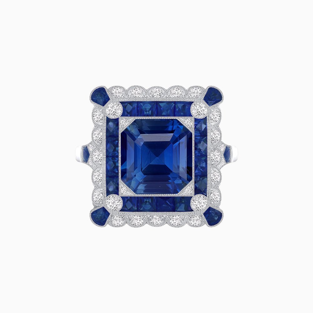 Art Deco Style Double Halo Asscher Cut Ring with Customizable French-Cut Gemstone (Mounting) - Shahin Jewelry