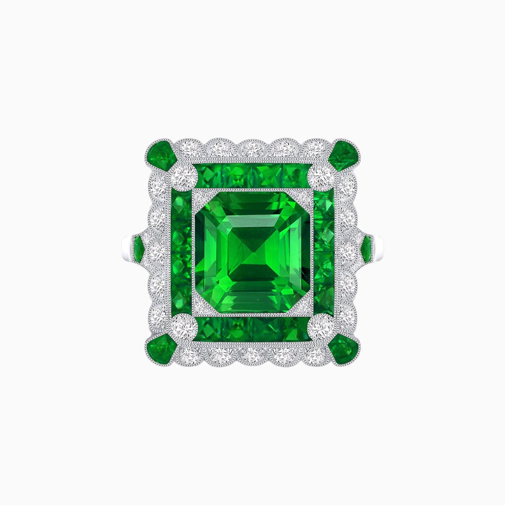Art Deco Style Double Halo Asscher Cut Ring with Customizable French-Cut Gemstone (Mounting) - Shahin Jewelry
