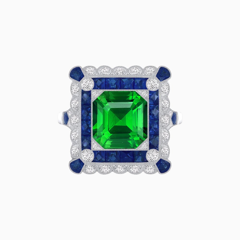 Art Deco Style Double Halo Asscher Cut Ring with Customizable French-Cut Gemstone (Mounting) - Shahin Jewelry
