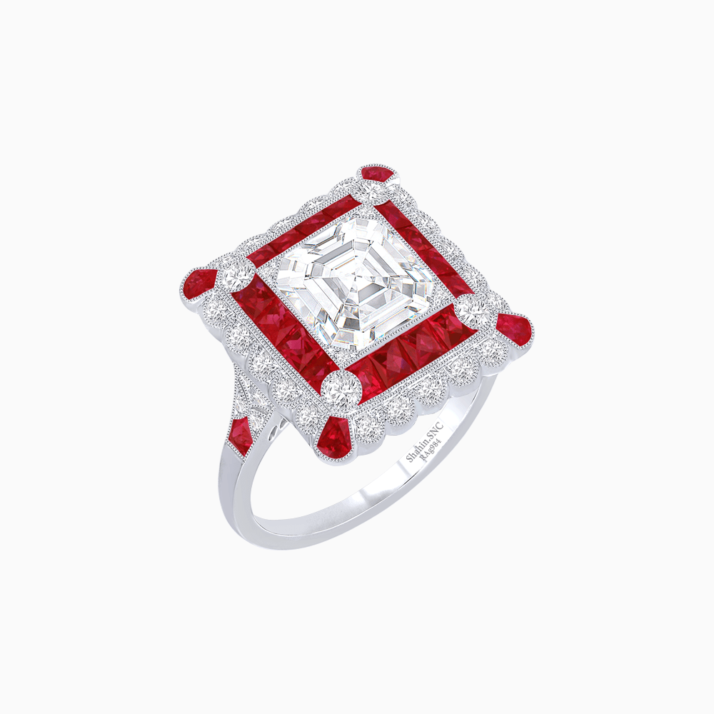 Art Deco Style Double Halo Asscher Cut Ring with Customizable French - Cut Gemstone (Mounting) - Shahin Jewelry
