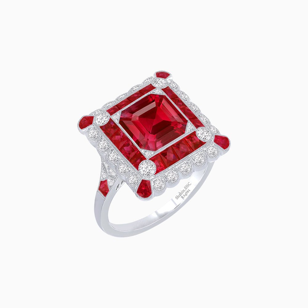 Art Deco Style Double Halo Asscher Cut Ring with Customizable French-Cut Gemstone (Mounting) - Shahin Jewelry