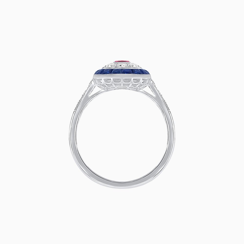 Art Deco Style Double Halo Ring Mounting with Emerald Cut Center Stone and Calibre-Cut Gemstone Halo - Shahin Jewelry