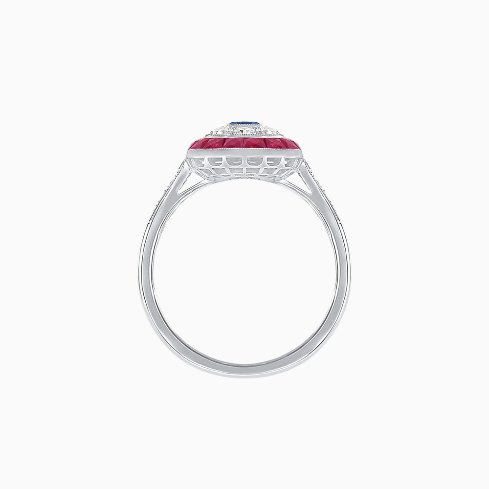 Art Deco Style Double Halo Ring Mounting with Emerald Cut Center Stone and Calibre-Cut Gemstone Halo - Shahin Jewelry