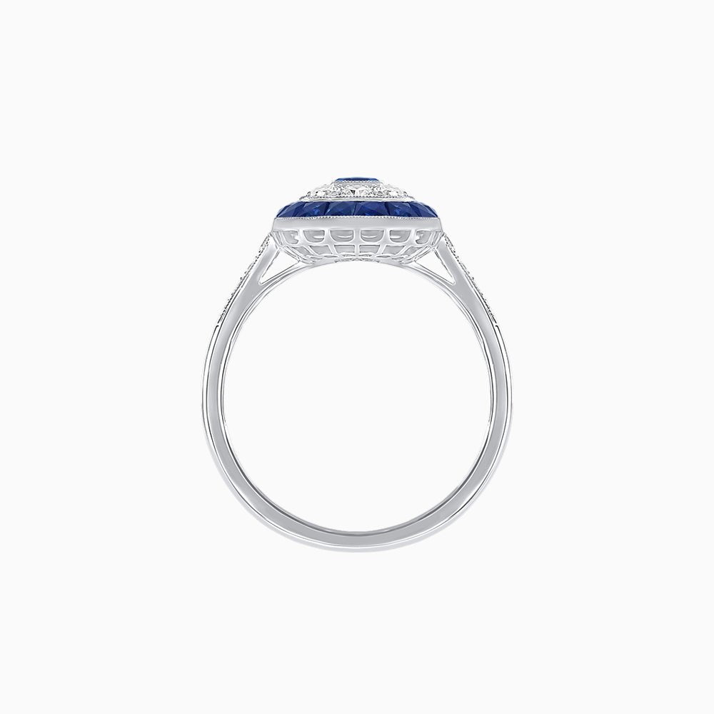 Art Deco Style Double Halo Ring Mounting with Emerald Cut Center Stone and Calibre-Cut Gemstone Halo - Shahin Jewelry