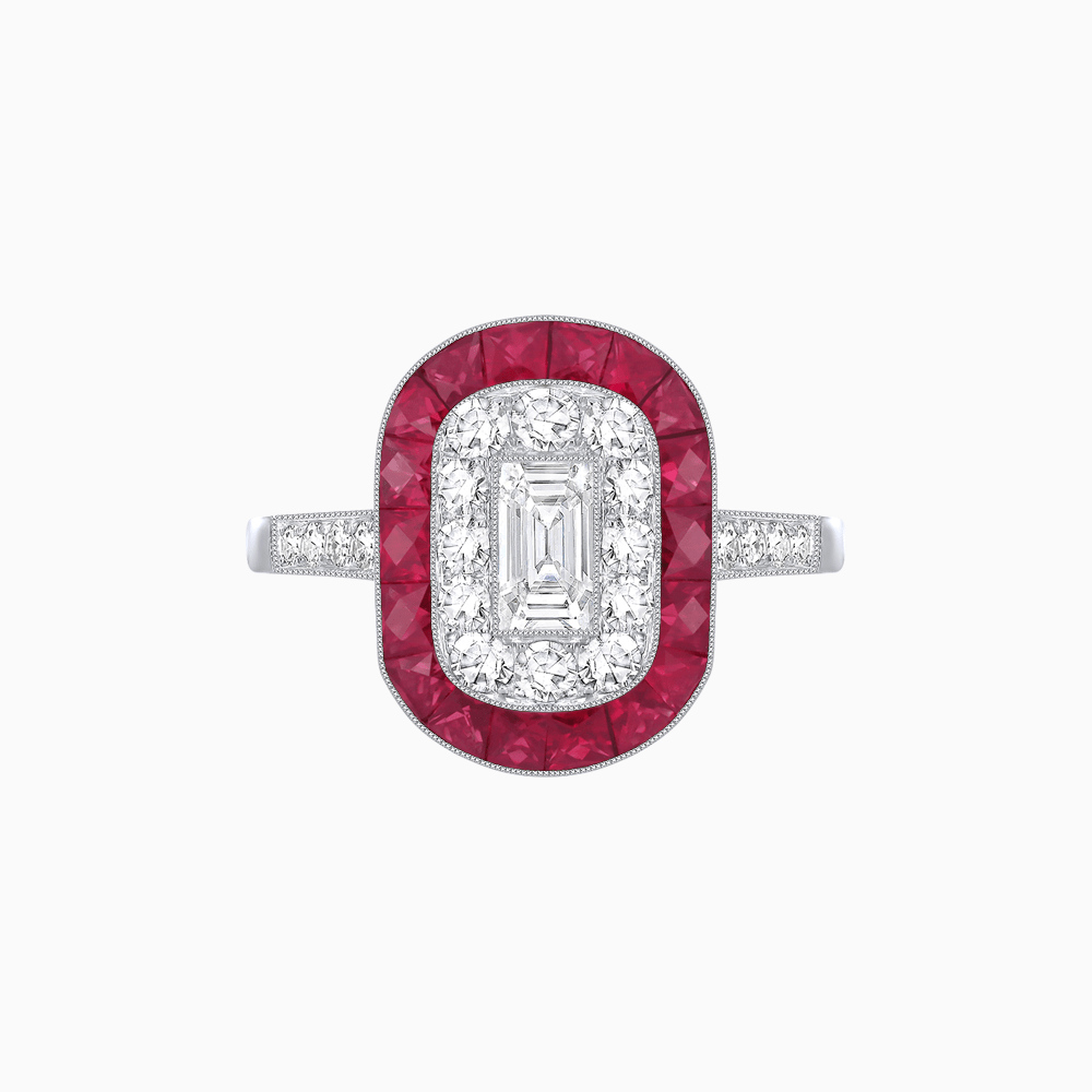 Art Deco Style Double Halo Ring Mounting with Emerald Cut Center Stone and Calibre-Cut Gemstone Halo - Shahin Jewelry