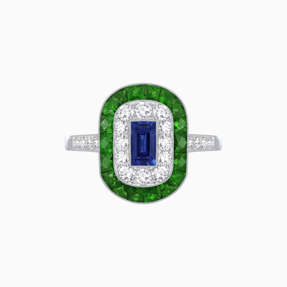 Art Deco Style Double Halo Ring Mounting with Emerald Cut Center Stone and Calibre-Cut Gemstone Halo - Shahin Jewelry