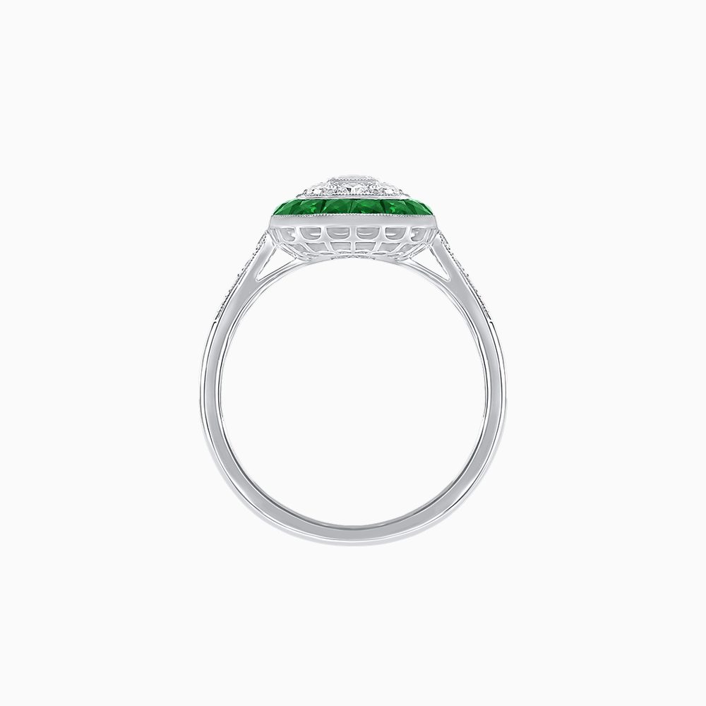 Art Deco Style Double Halo Ring Mounting with Emerald Cut Center Stone and Calibre-Cut Gemstone Halo - Shahin Jewelry