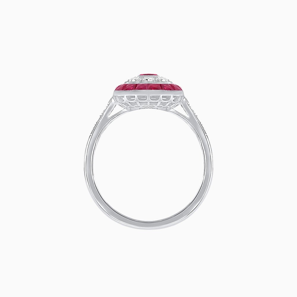Art Deco Style Double Halo Ring Mounting with Emerald Cut Center Stone and Calibre-Cut Gemstone Halo - Shahin Jewelry
