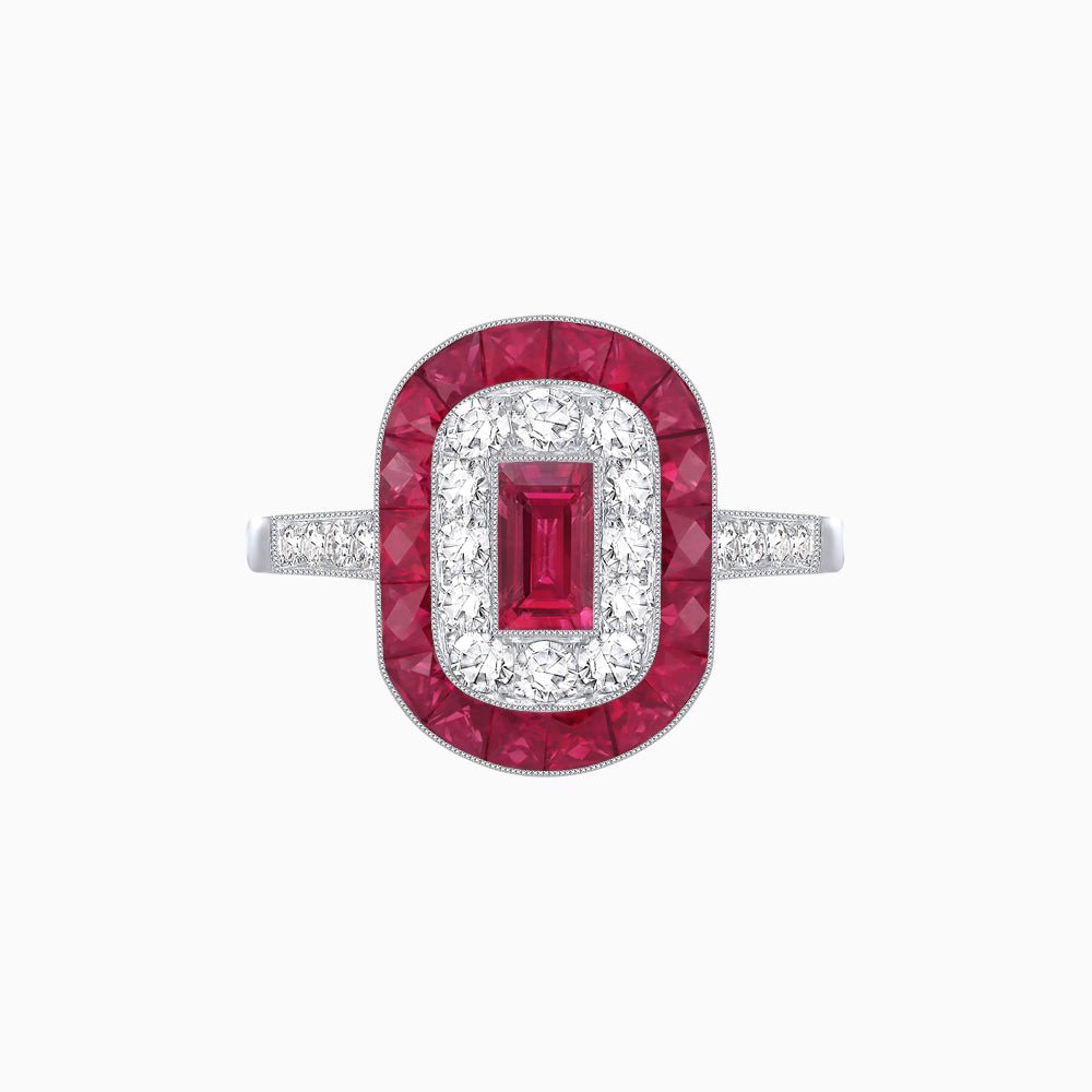 Art Deco Style Double Halo Ring Mounting with Emerald Cut Center Stone and Calibre-Cut Gemstone Halo - Shahin Jewelry