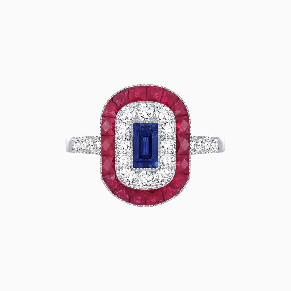 Art Deco Style Double Halo Ring Mounting with Emerald Cut Center Stone and Calibre-Cut Gemstone Halo - Shahin Jewelry