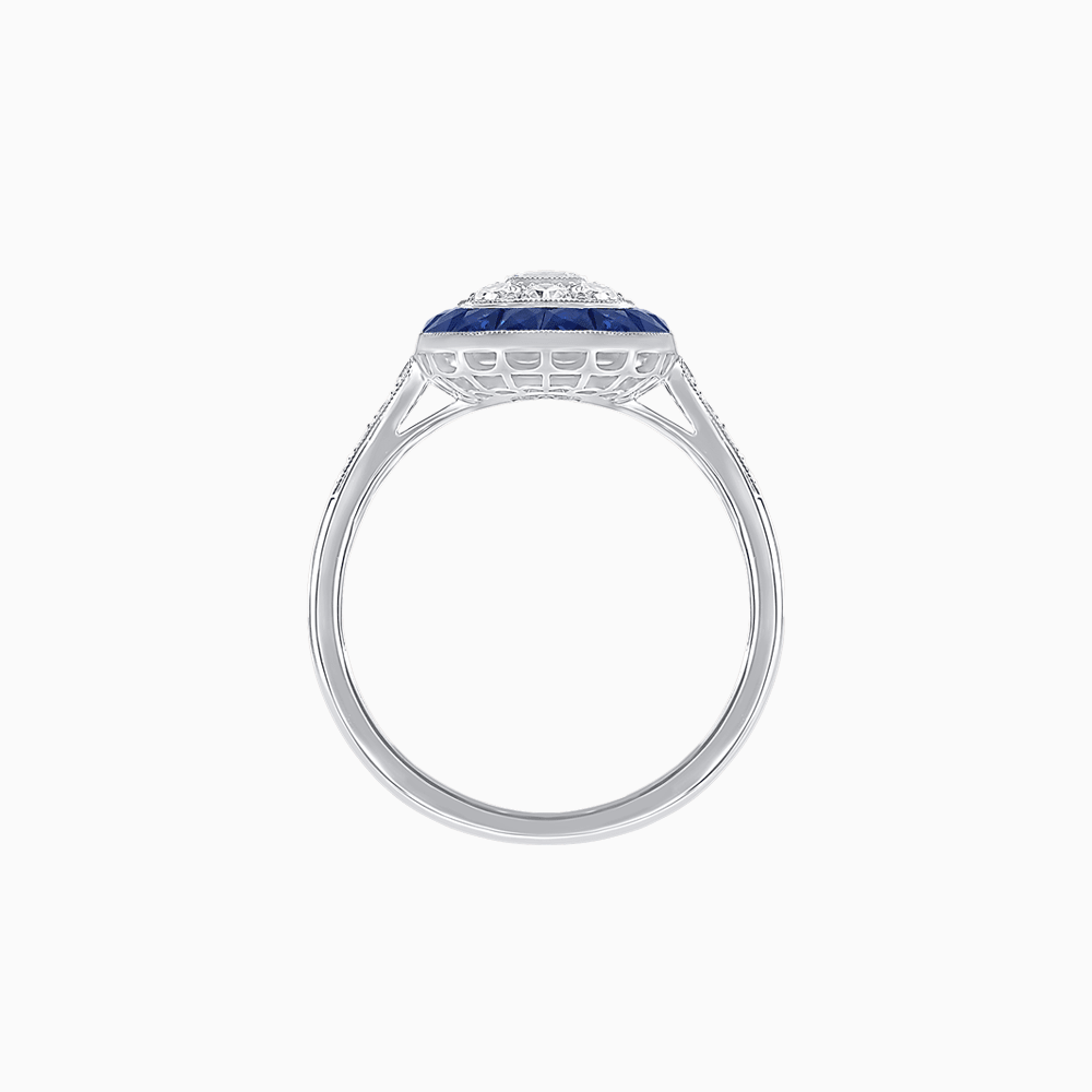 Art Deco Style Double Halo Ring Mounting with Emerald Cut Center Stone and Calibre-Cut Gemstone Halo - Shahin Jewelry