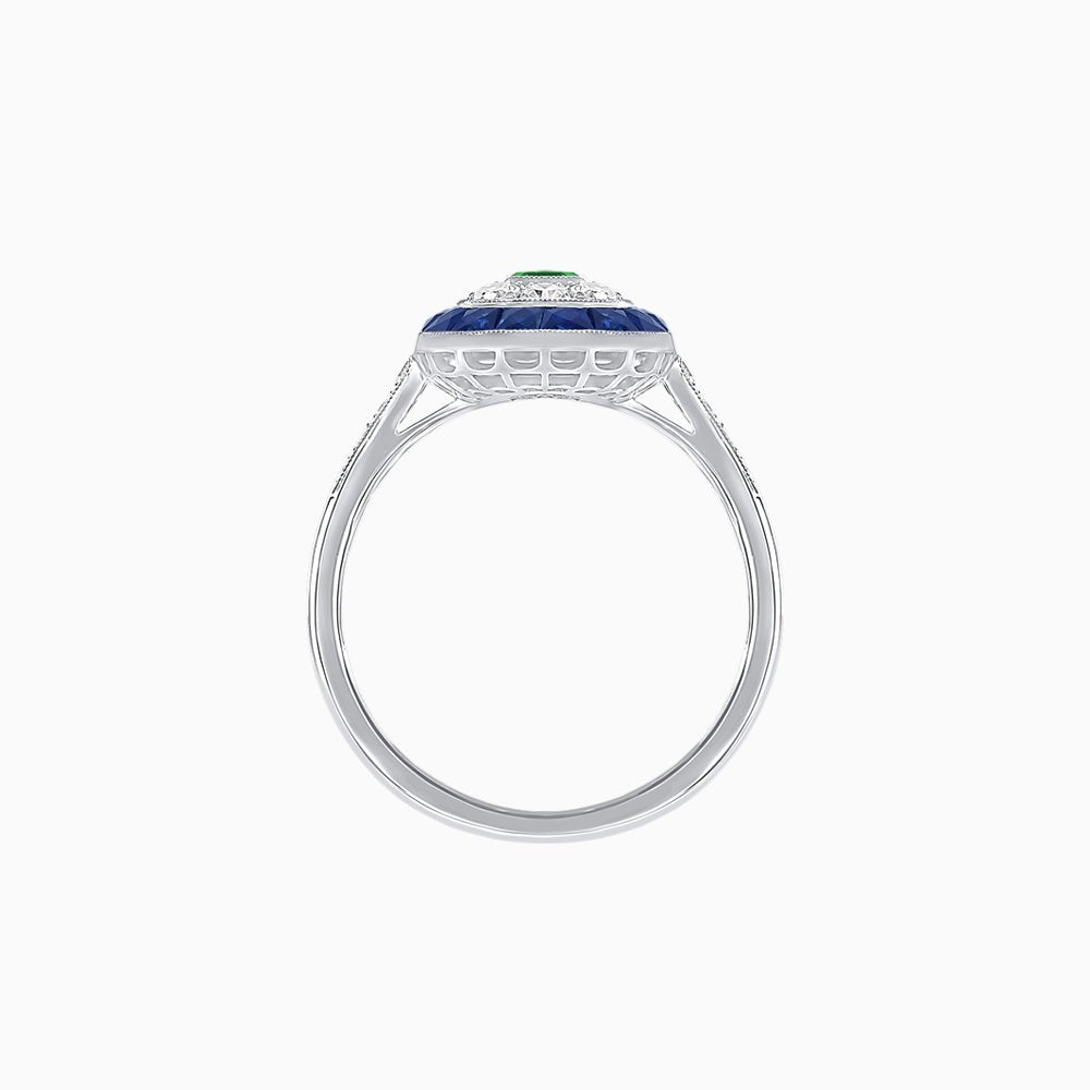 Art Deco Style Double Halo Ring Mounting with Emerald Cut Center Stone and Calibre-Cut Gemstone Halo - Shahin Jewelry