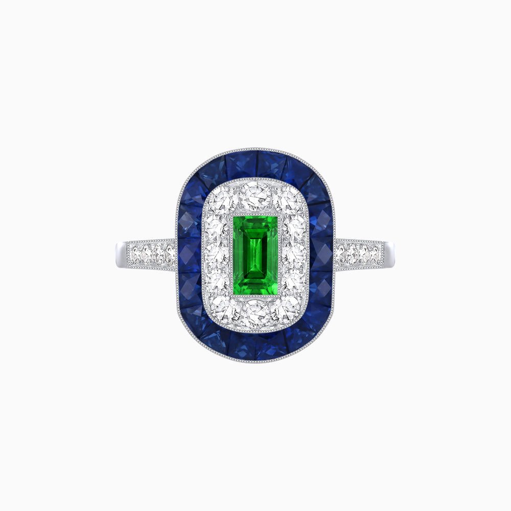 Art Deco Style Double Halo Ring Mounting with Emerald Cut Center Stone and Calibre-Cut Gemstone Halo - Shahin Jewelry