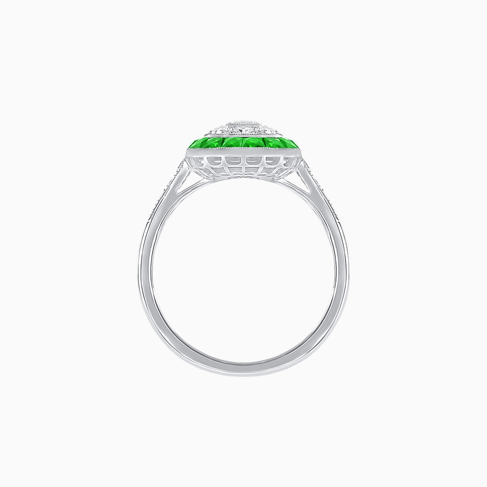 Art Deco Style Double Halo Ring Mounting with Emerald Cut Center Stone and Calibre-Cut Gemstone Halo - Shahin Jewelry