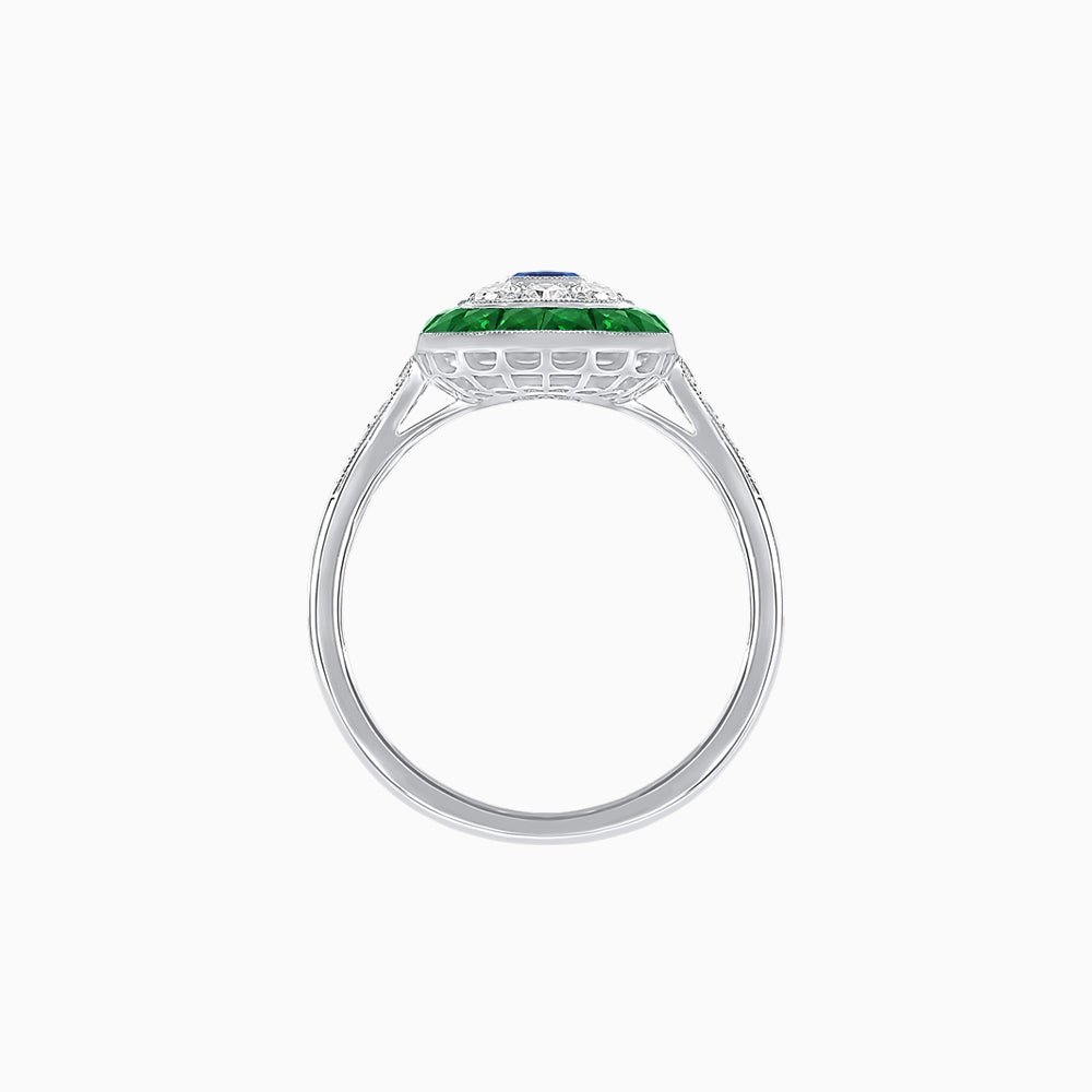 Art Deco Style Double Halo Ring Mounting with Emerald Cut Center Stone and Calibre-Cut Gemstone Halo - Shahin Jewelry