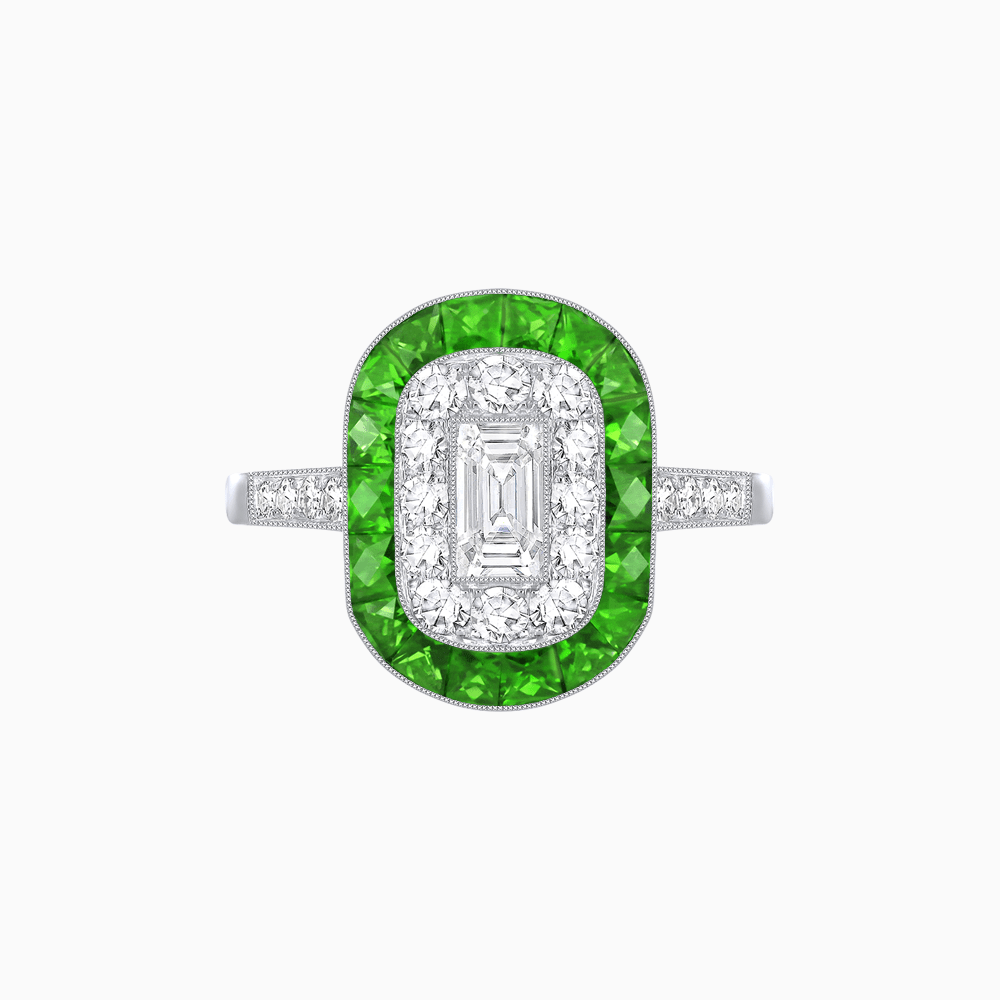Art Deco Style Double Halo Ring Mounting with Emerald Cut Center Stone and Calibre-Cut Gemstone Halo - Shahin Jewelry