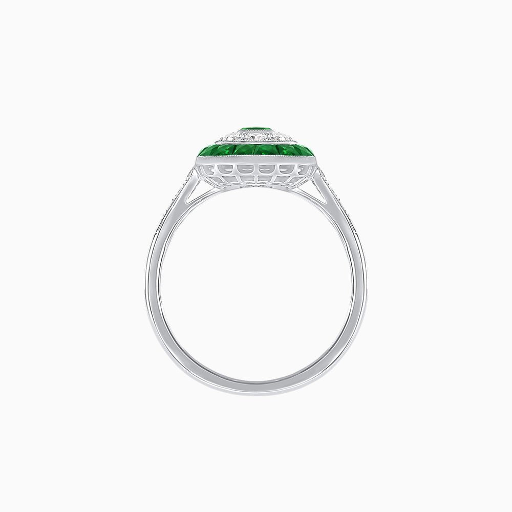 Art Deco Style Double Halo Ring Mounting with Emerald Cut Center Stone and Calibre-Cut Gemstone Halo - Shahin Jewelry